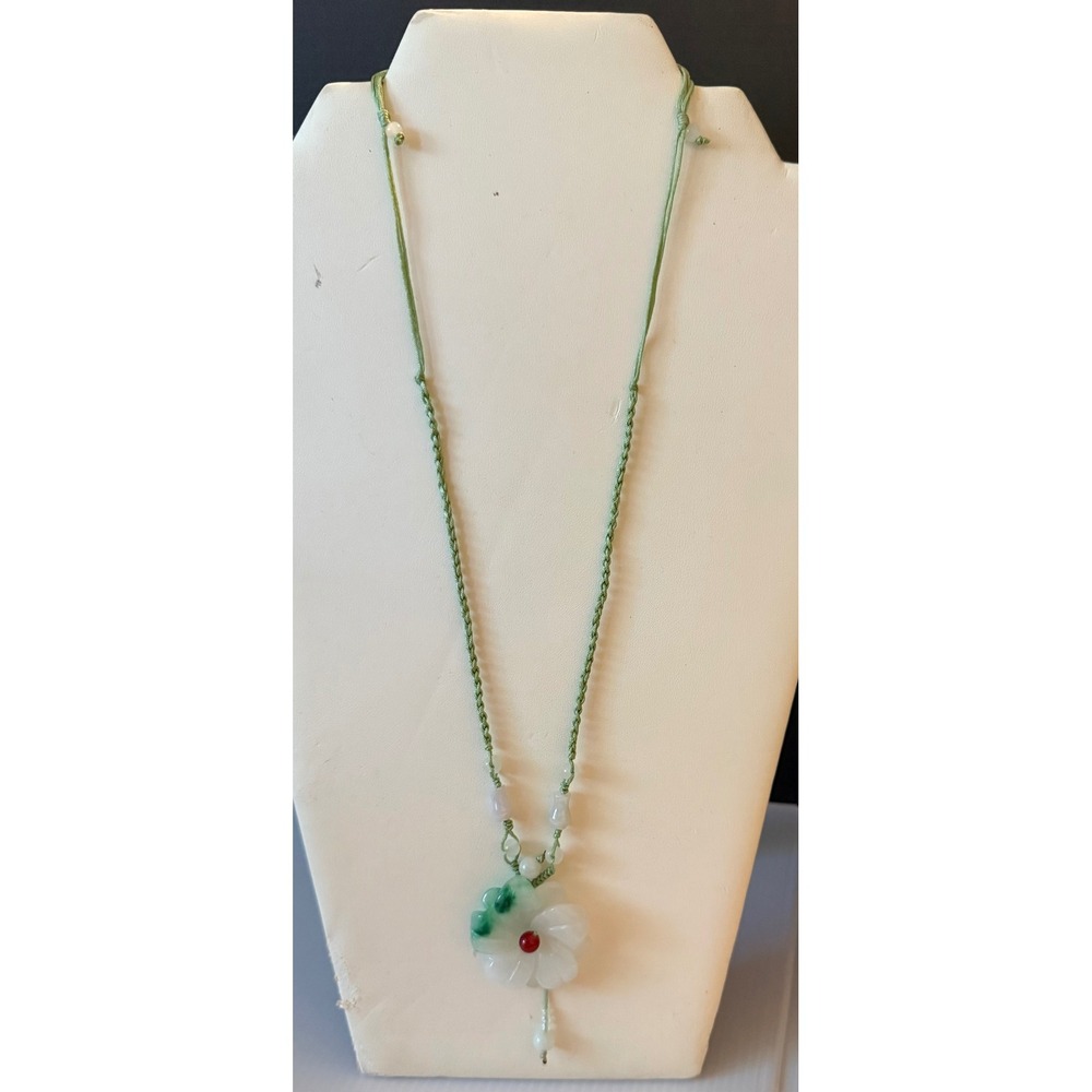 Womens Adjustable Necklace Green Jadeite Carved Flower Pendant Braided Cord